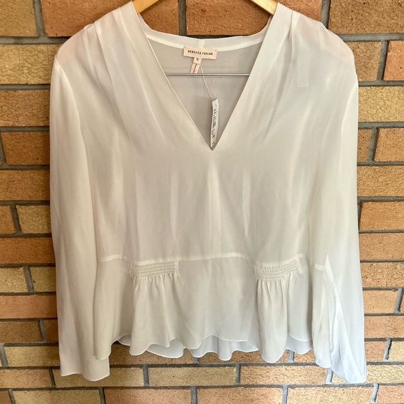 NWT Rebecca Taylor Blouse White Ivory Peplum V-Neck 100% Silk Size 12 - Picture 3 of 8